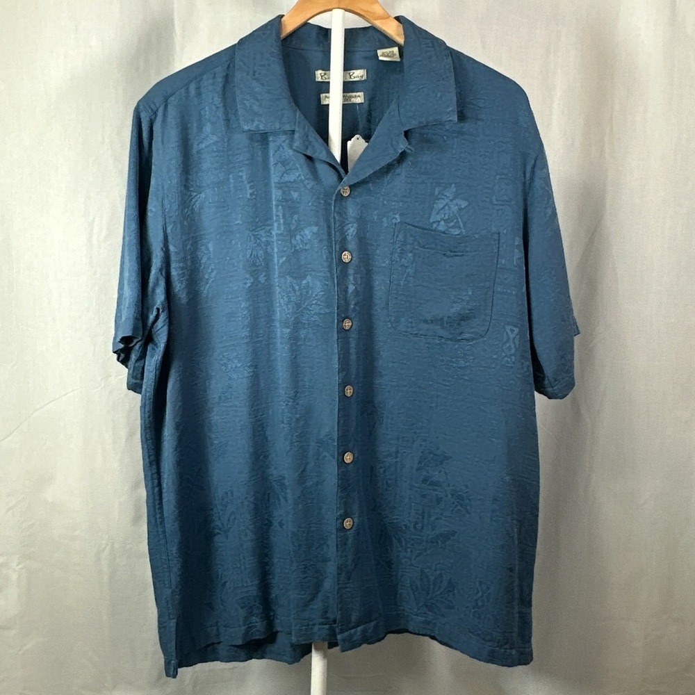 Batik Bay Mens Large Silk Camp Shirt Teal Blue Tropical Jacquard Short Sleeve